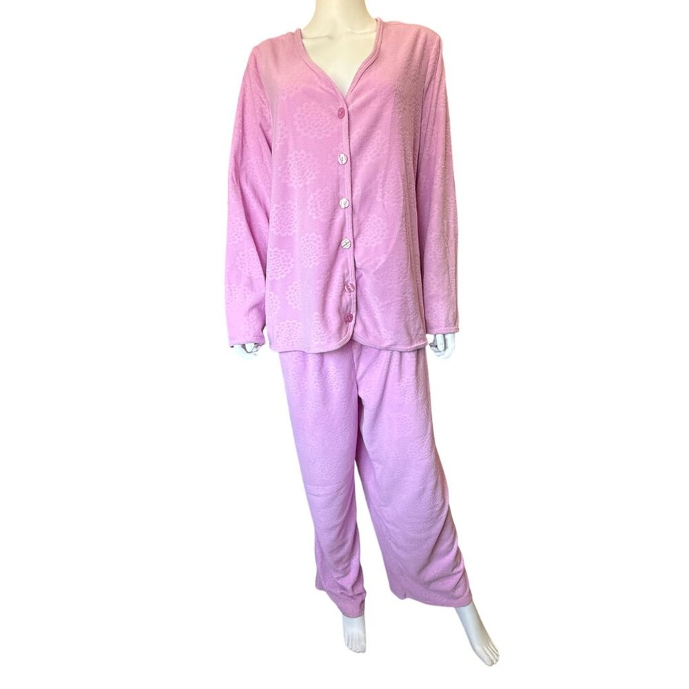 Pink K Button-Up Pajama Soft Textured 100% Polyester Lounge Wear 1X 2-Piece Set